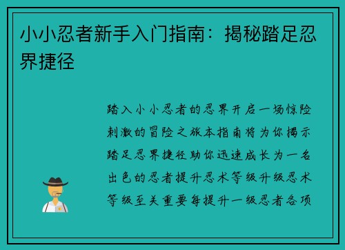 小小忍者新手入门指南：揭秘踏足忍界捷径